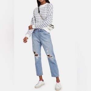 Levi's 501 Original Cropped Patched Jeans Light Blue Distressed Straight